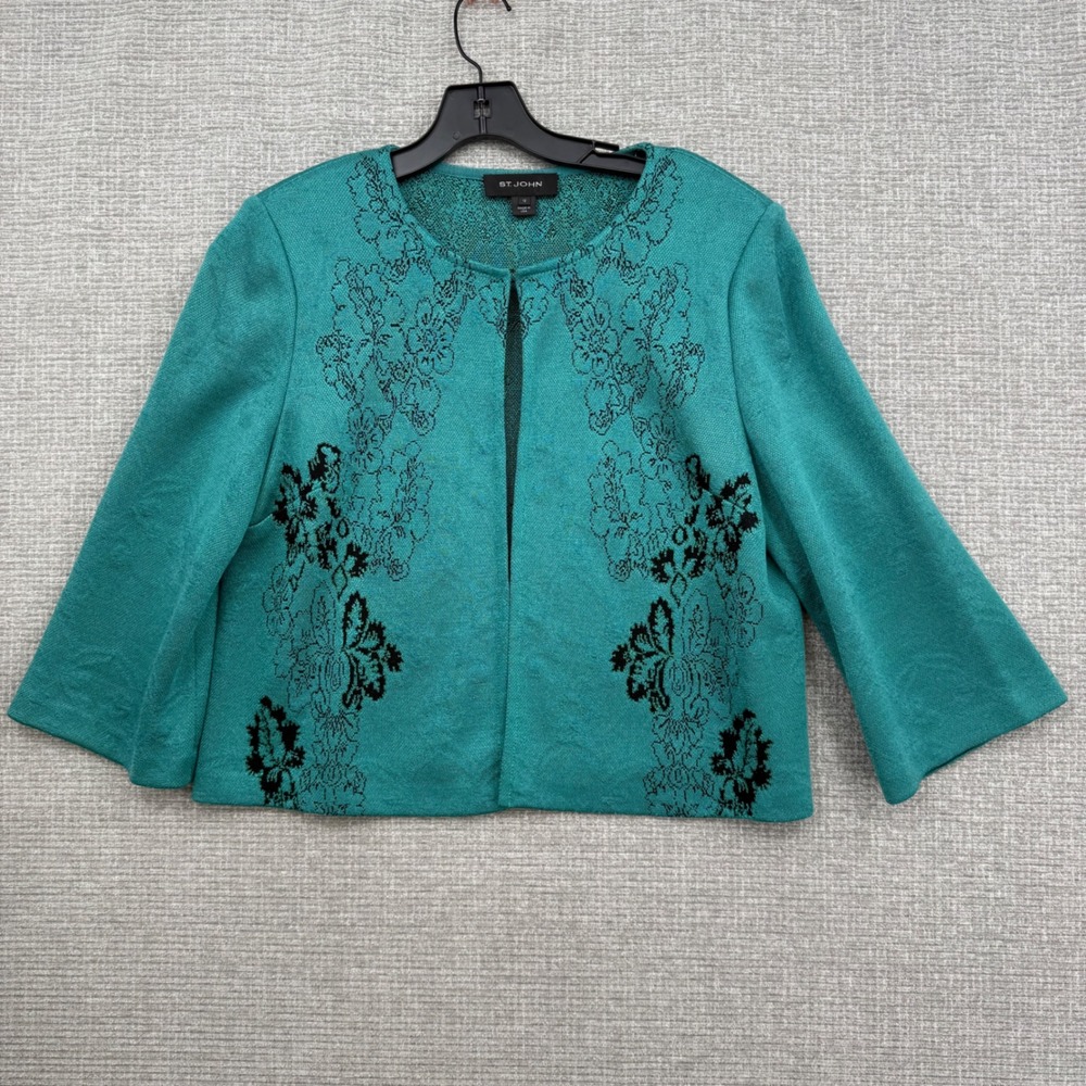 St John Open Front Santana Knit Cardigan Jacket Women 12 Teal Floral Made in USA